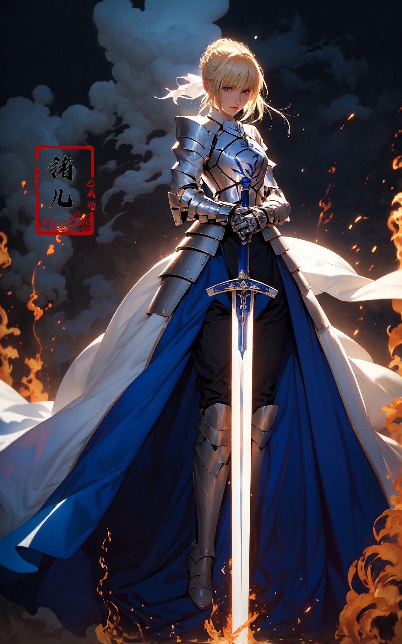 Saber，1girl, In hand huge flame great sword，white blue dress，Blue cape，Blue bow，gorgeous armor，platinum blonde hair，A shot with tension，(sky glows red,Visual impact,giving the poster a dynamic and visually striking appearance:1.2),<lora:绪儿-Saber:0.8>