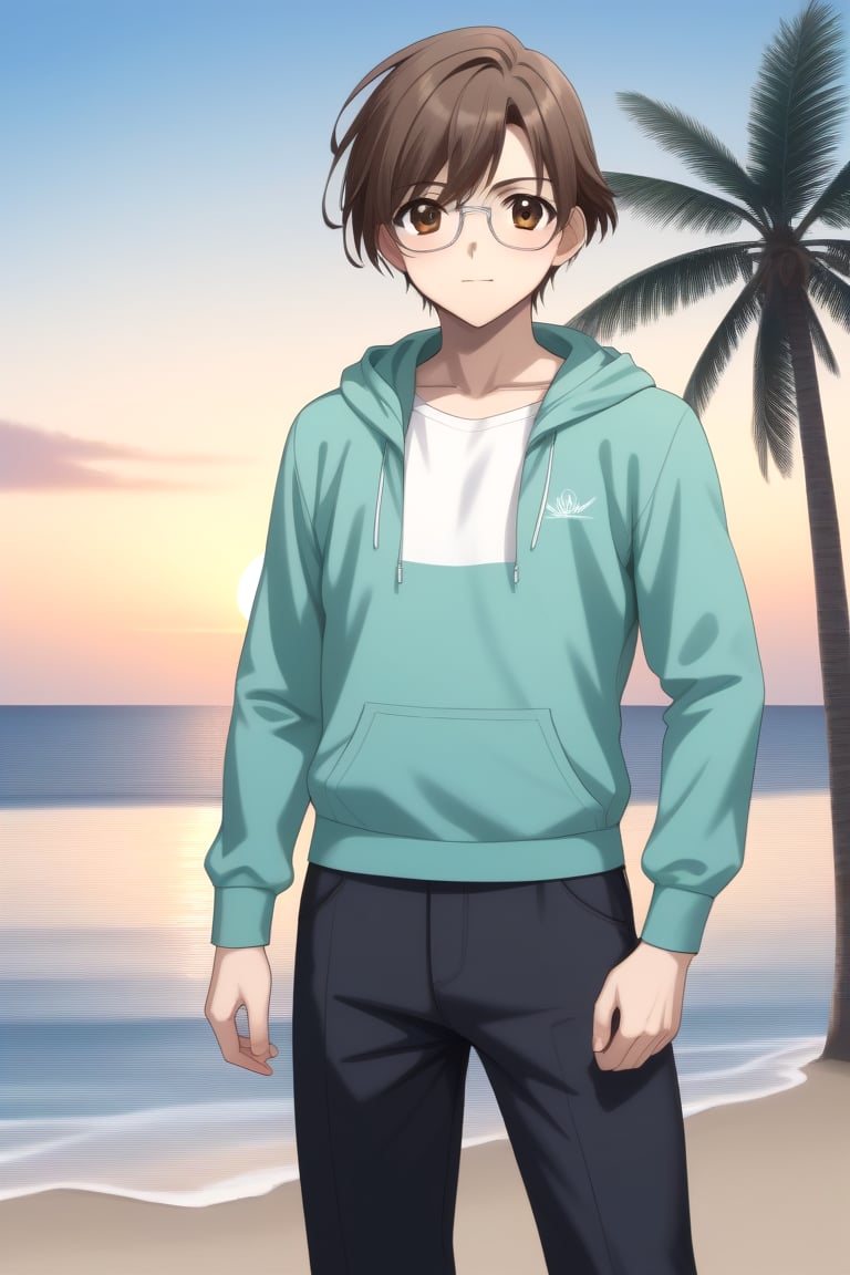 Highly detailed, High Quality, masterpiece, beautiful, BREAK 1boy, solo, male focus, 16 years old, yuuki ashikaga, brown hair, brown eyes, short hair, glasses, BREAK beach, palm trees, sea, outdoors, sunset, BREAK open clothes, pants, green Hoodie, T-shirt, Hoodie, long sleeves,BREAK Front view, Focus waist, standing<lora:EMS-438646-EMS:0.800000>