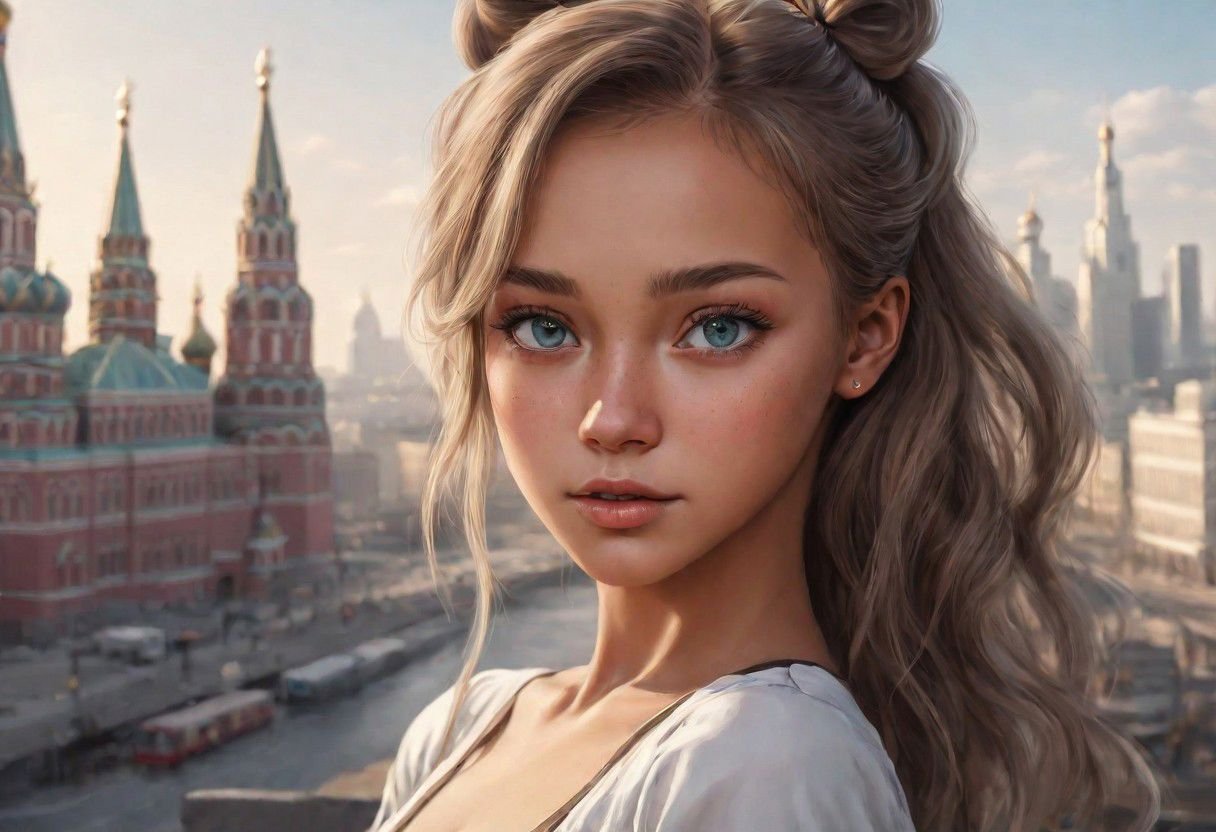 1girl, tanned skin, realistic eyes, detailed face, sharp, russian, girly, bow in hair, city scape, photo real