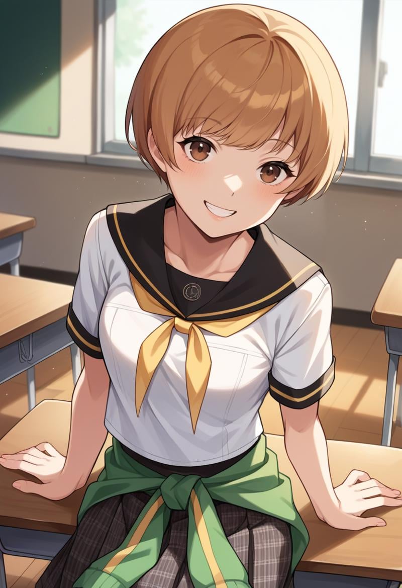 score_9, score_8_up, score_7_up, source_anime BREAK 1girl, solo, <lora:zs_ChieXL:1> chiesummeruniform, brown hair, short hair, brown eyes, white serafuku, yellow ribbon, clothes around waist, skirt, houndstooth,cowboy shot, smile, classroom, sitting on desk