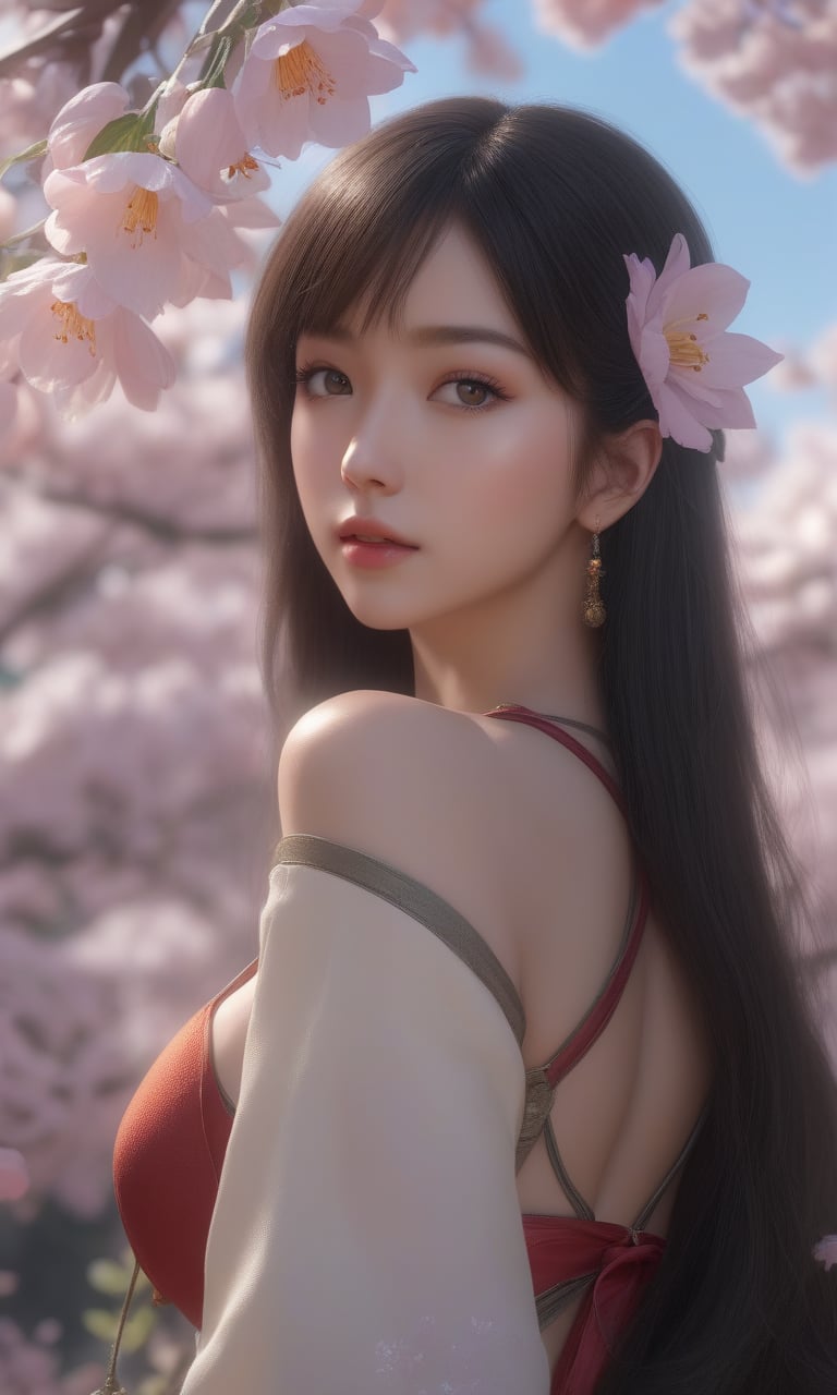 (,1girl, pov,best quality, )masterpiece, fantasy, realistic,science fiction,mole, ultra realistic 8k cg, ,tamari \(flawless\),  cleavage,large breasts  ,peony \(flower\), rapeseed blossoms, lemon blossoms, orange blossoms, spider lily, lily \(flower\),cherry blossoms,      ((()))