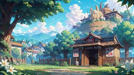 konohavillage konoha gate walls, ramen resto, cable, tree, mountain, flower, at dawn, zebra cross, cloudy sky, cloud, pastel color, <lora:ARWKonohaVillage:1>