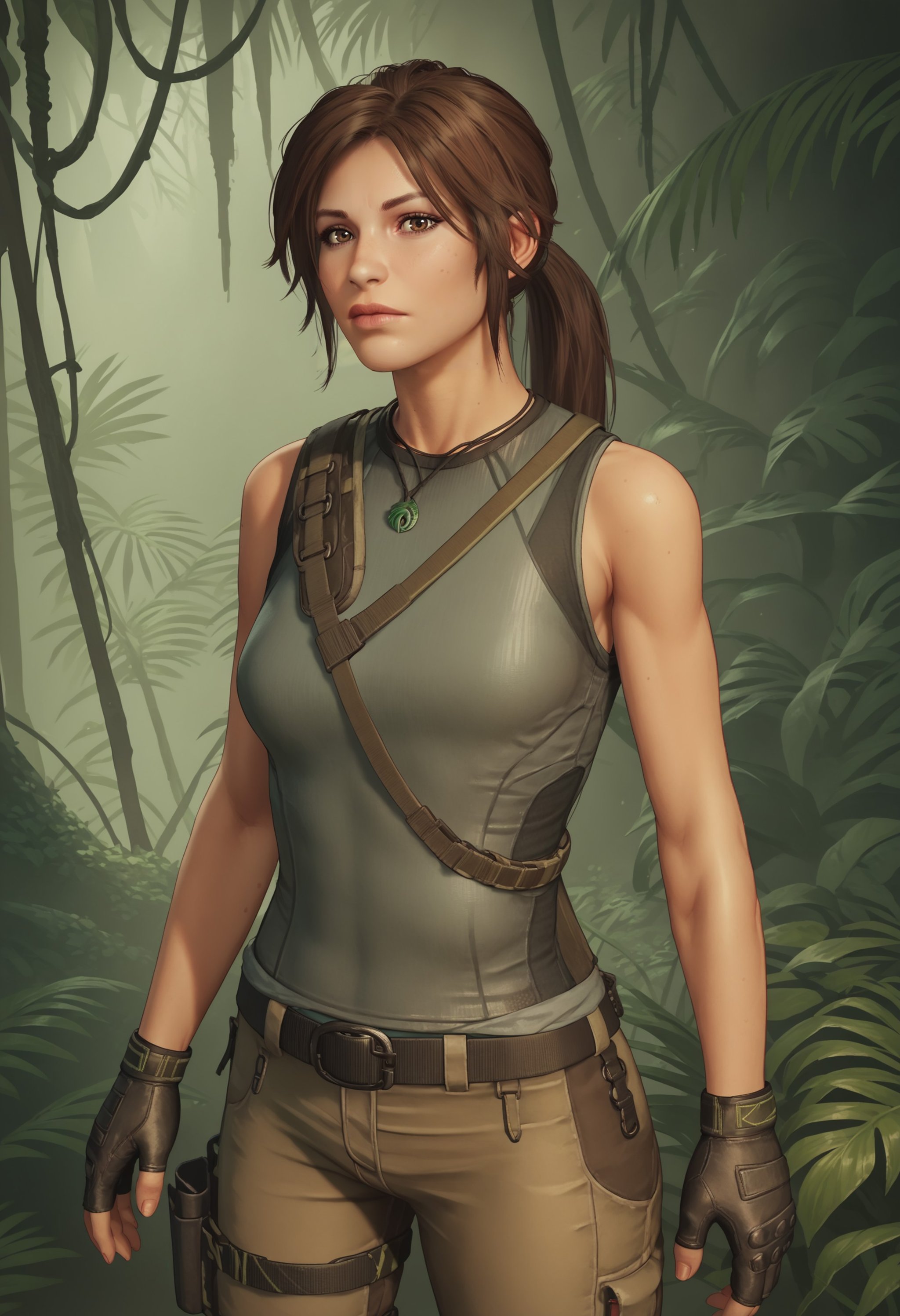 score_9, score_8_up, score_7_up, score_6_up, score_5_up, score_4_up, 1girl,  <lora:LaraCroftSOTTR:0.85> solo, breasts, brown eyes, ponytail, brown hair, lips, sleeveless, fingerless gloves, pants, belt, jewelry, pendant, looking at viewer, jungle background,