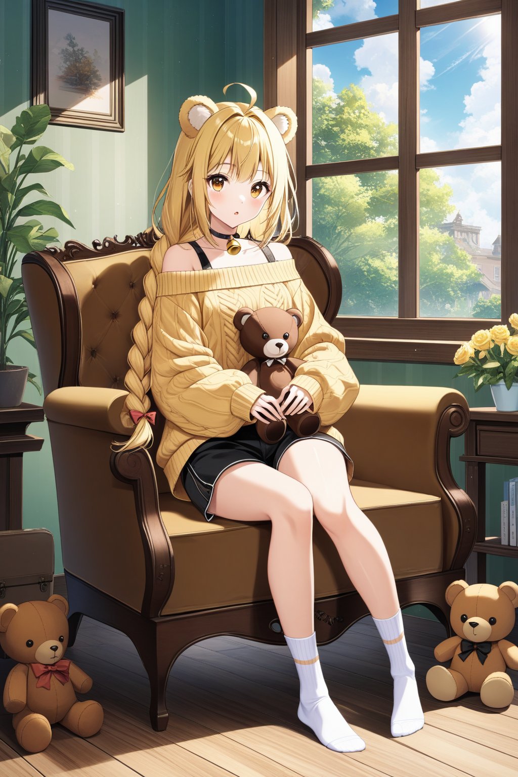 1girl, solo, long hair, looking at viewer, blush, bangs, blonde hair, long sleeves, bow, animal ears, bare shoulders, brown eyes, sitting, collarbone, full body, yellow eyes, braid, ahoge, parted lips, shorts, choker, day, socks, puffy sleeves, indoors, off shoulder, :o, sweater, sleeves past wrists, short shorts, window, single braid, bell, black choker, chair, no shoes, black shorts, stuffed toy, stuffed animal, white socks, couch, teddy bear, wooden floor, on couch, brown sweater, on chair, off-shoulder sweater, armchair, yellow sweater