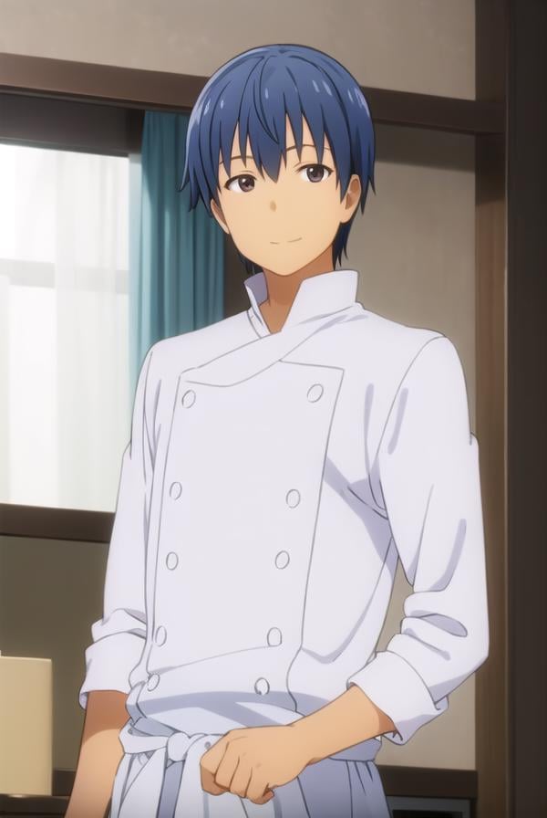 hiroomisouma, <lora:hiroomi souma s2-lora-nochekaiser:1>,hiroomi souma, (brown eyes:1.3), blue hair, male focus, smile,BREAK apron, buttons, waist apron, white pants, chef,BREAK indoors, restaurant,BREAK looking at viewer, (cowboy shot:1.5),BREAK <lyco:GoodHands-beta2:1>, (masterpiece:1.2), best quality, high resolution, unity 8k wallpaper, (illustration:0.8), (beautiful detailed eyes:1.6), extremely detailed face, perfect lighting, extremely detailed CG, (perfect hands, perfect anatomy),