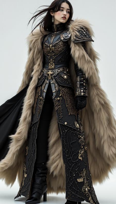 A fashion model dressed in a futuristic interpretation of Viking attire, with a focus on rugged, natural materials like fur and leather, combined with sleek, modern cuts and metallic embellishments. The outfit has a powerful silhouette, with flowing capes and structured armor-like elements that evoke both ancient warrior strength and futuristic design. The model’s stance is commanding, and the background is kept minimal to highlight the intricate details of the garment, blending the raw power of Viking history with modern fashion aesthetics, elegant pose,from behind, looking back, (from above:0.6), (dutch angle:0),cowboyshot,wind, floating hair, looking away, midjourney_whisper_avant_couture, <lora:midjourney_whisper_avant_couture_v01:1>,