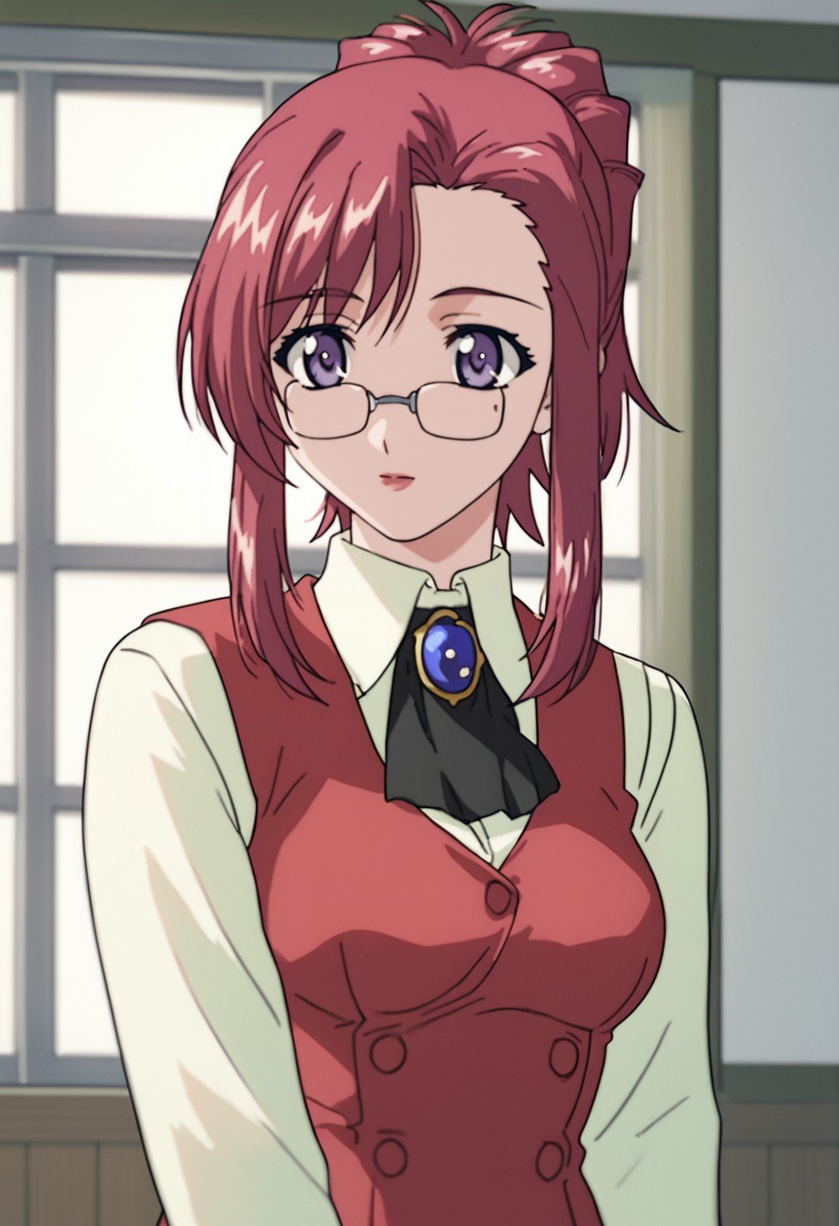 source_anime, score_9, score_8_up, score_7_up, white background,  1girl, solo, cowboy shot,   <lora:KazamiMizuho:0.8> kazami mizuho, glasses, ponytail, teacher, vest, brooch