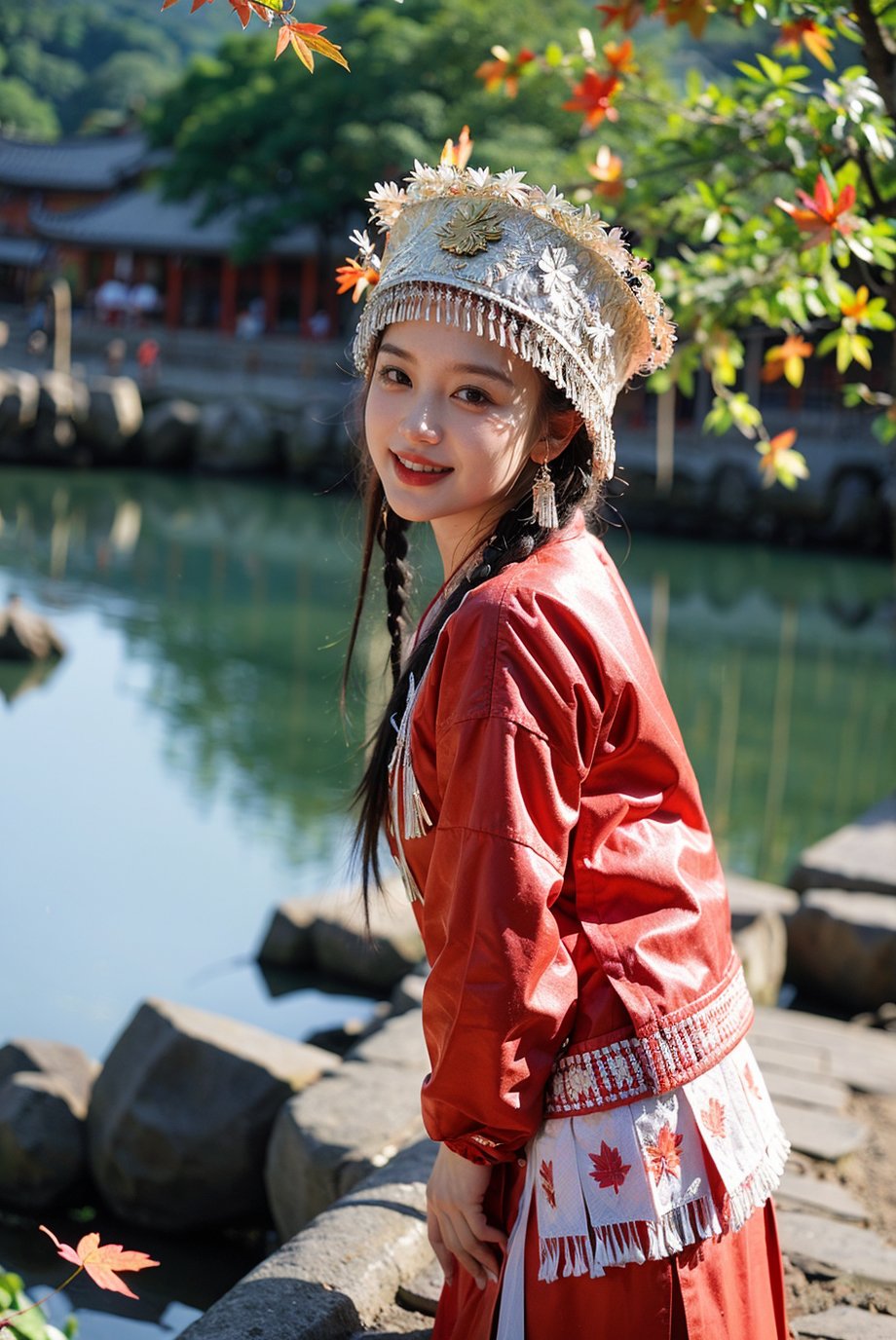 (karst topography),Taoist temple,(blurry foreground:1.5),(1 girl:2,),looking at viewer, light smile,day,((maple leaves)),Taoist temple,river valley,hdr, photorealism, masterpiece quality, best quality, pureerosface_v1,  <lora:YG红色苗疆服饰:0.75>,