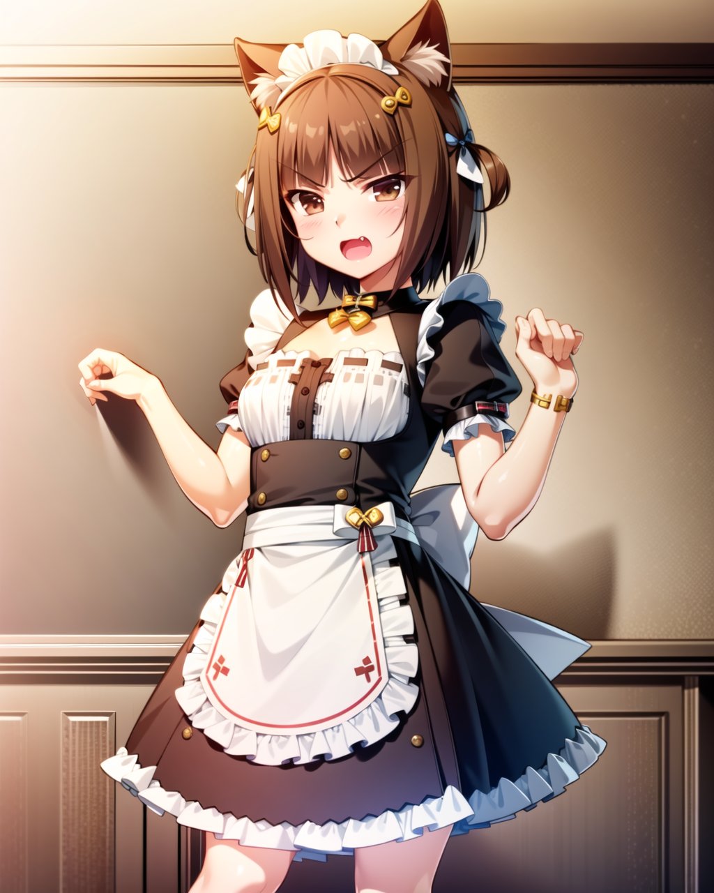 ((masterpiece)), ((best quality)), ((highres)), ((extremely detailed CG unity 8k wallpaper)), solo, <lora:azuki:1>, azuki_neko, azuki uniform, striped tail, white apron, indoors, angry, open mouth, fang, brown eyes