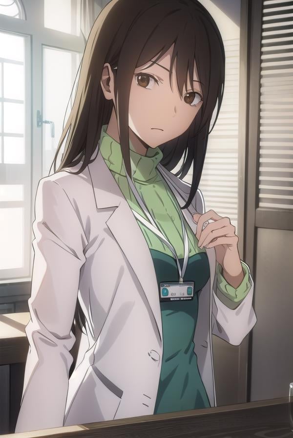 namieyagiri, <lora:namie yagiri s1-lora-nochekaiser:1>,namie yagiri, long hair, black hair, (brown eyes:1.3),BREAK sweater, turtleneck, labcoat, green sweater,BREAK indoors, office,BREAK looking at viewer, (cowboy shot:1.5),BREAK <lyco:GoodHands-beta2:1>, (masterpiece:1.2), best quality, high resolution, unity 8k wallpaper, (illustration:0.8), (beautiful detailed eyes:1.6), extremely detailed face, perfect lighting, extremely detailed CG, (perfect hands, perfect anatomy),