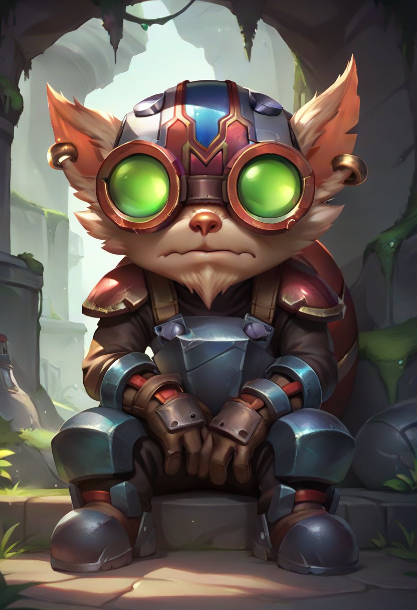 ,score_9, score_8_up, score_7_up, score_6_up,z1ggs, 1boy, male focus, yordle,(sad),armor, goggles, helmet, gloves, brown gloves,  <lora:Ziggs_Default_v1:0.9>, sitting