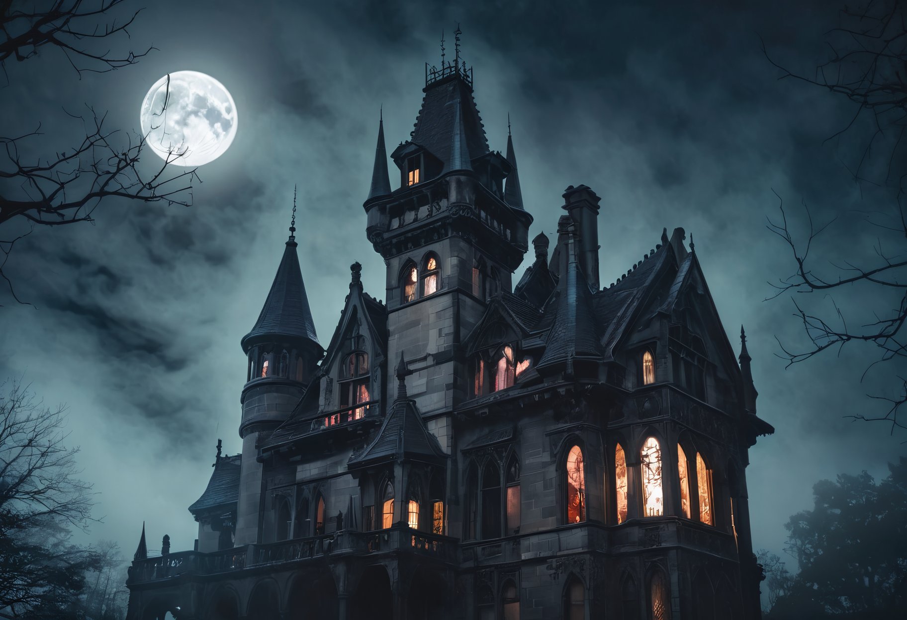 A spooky, atmospheric mansion with turrets, gargoyles, and stained-glass windows,shrouded in mist and darkness, under a full moon hanging low in the sky