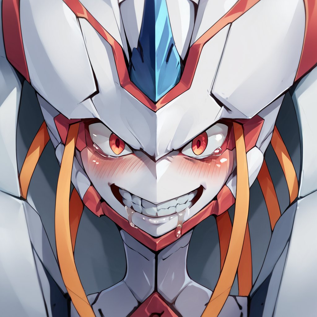 score_9, score_8_up, score_7_up, score_6_up, score_5_up, score_4_up, source_anime,  Strelizia, robot, portrait, crazy grin, blushed, saliva, drool