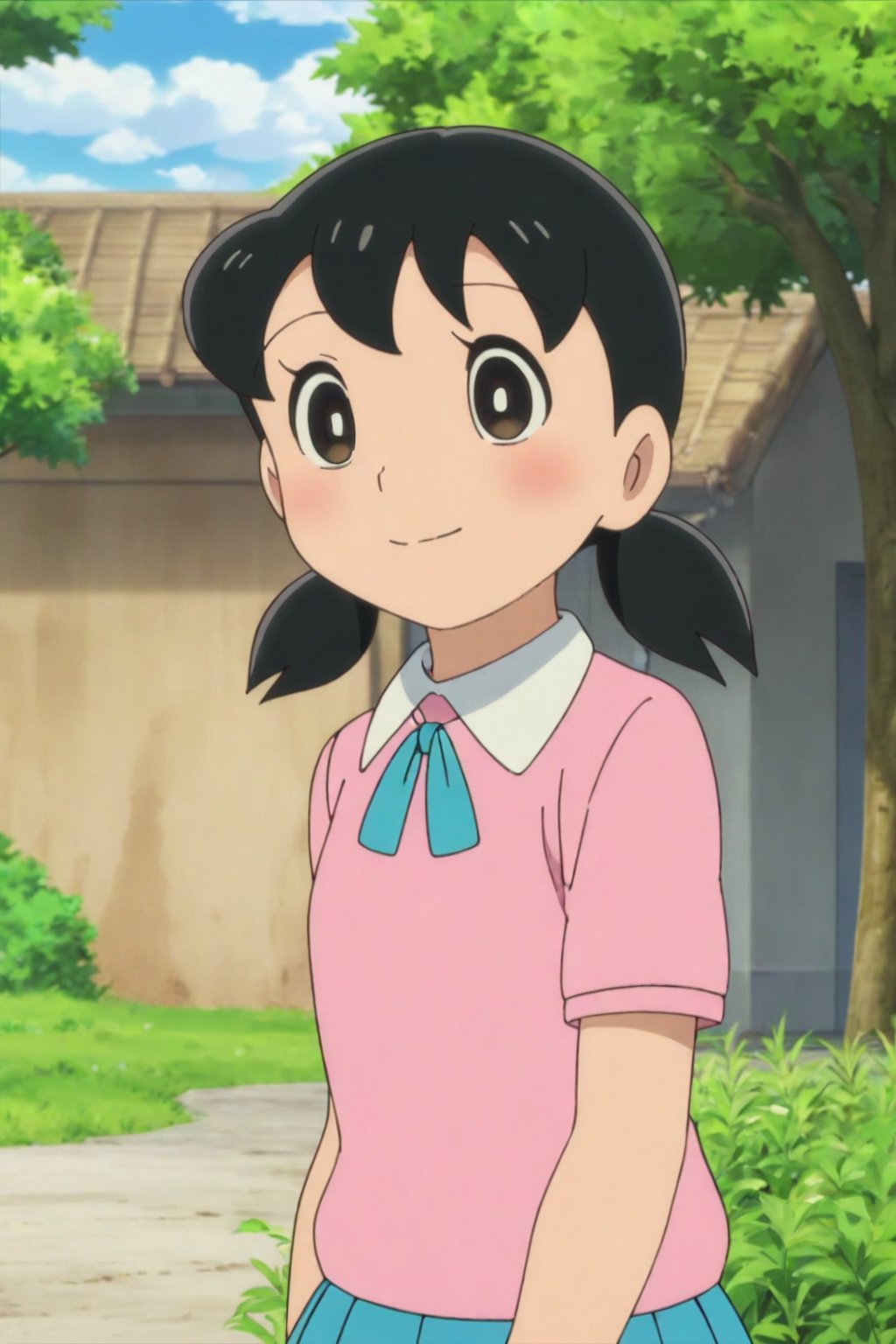 minamoto shizuka,1girl, solo,1girl, solo, twintails, black hair, skirt, smile, outdoors, shirt, blue skirt, looking at viewer, black eyes, pleated skirt, short sleeves, pink shirt, blush, closed mouth, day, tree, collared shirt, short twintails, low twintails, upper body, grass,child,masterpiece, perfect face, best quality, beautiful eyes, shiny eyes, anime coloring, anime screencap, absurdres, award winning,masterpiece, perfect face, best quality, beautiful girl, cute girl, beautiful eyes, shiny eyes, anime coloring, anime screencap, absurdres,  <lora:minamoto shizuka ghostb 906:0.8>