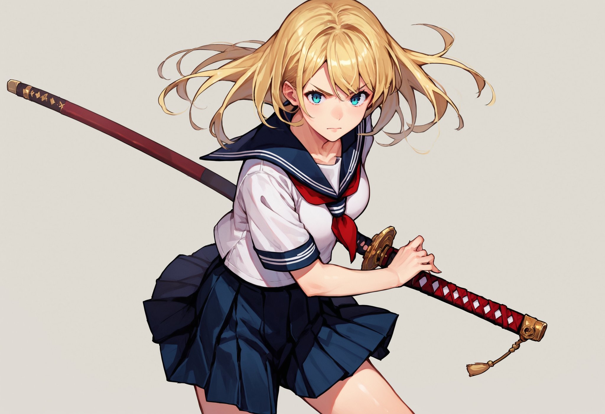 score_9_up score_8_up score_7_up, source_anime, 1girl, battoujutsu, blonde hair, serafuku, school uniform, pleated skirt<lora:battoujutsu_stance_24retry_pony_rework_final_svd_d8:1>