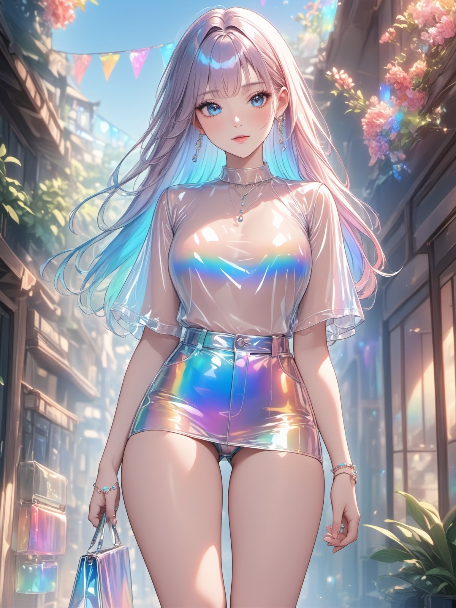 Bestquality,masterpiece,transparentcolorPVCclothing,transparentcolorvinylclothing,prismatic,holographic,chromaticaberration,fashionillustration,masterpiece,girlwithharajukufashion,lookingatviewer,8k,ultradetailed,pixiv,