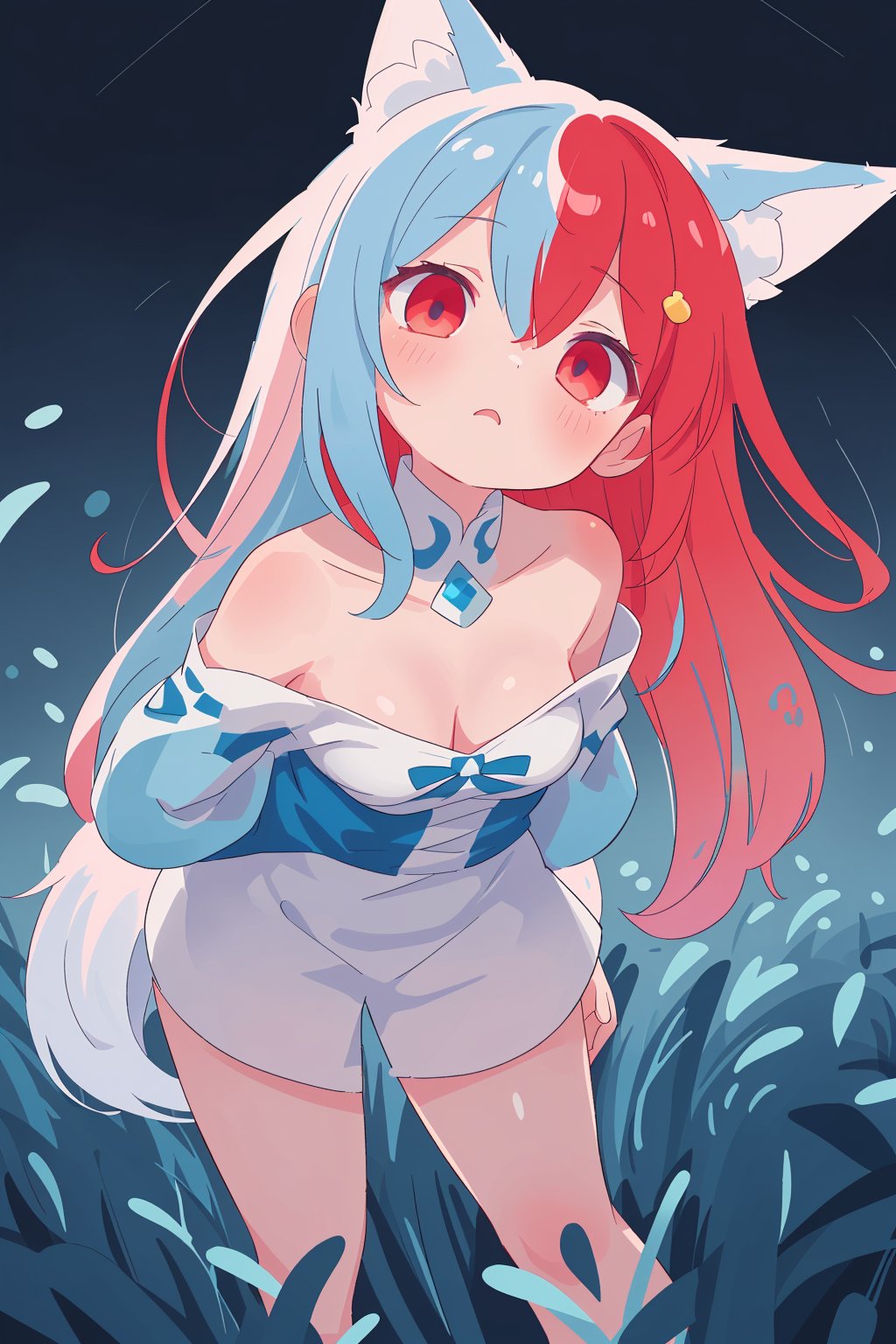 nsfw,{{masterpiece}},{{best quality}},Illustration,portrait,{1 girl},(long white hair,detailed red eyes),multicolored hair,((gradient hair), white+(blue)+(pink:0.5) hair//),{fox ears},{extremely detailed blue eyes},{{arms behind back}},slender figure,{lilies_field},{bare shoulders},{long detached_sleeves},{slightly leaning forward},looking up,hair ornament,{shy},head tilt,{medium breasts},cinematic lighting,oversized clothes,