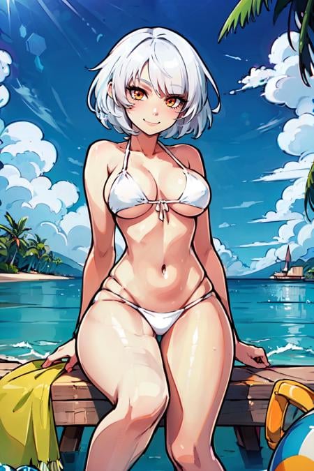 ((masterpiece,best quality)), absurdres, <lora:anby_demara:0.7>,  curvy, medium breasts, wide hips,   anby demara, orange eyes, short hair, white hair,   pretty girl, vivid colors, orange bikini, sitting on towel, tropical beach,  solo, smile, looking at viewer,