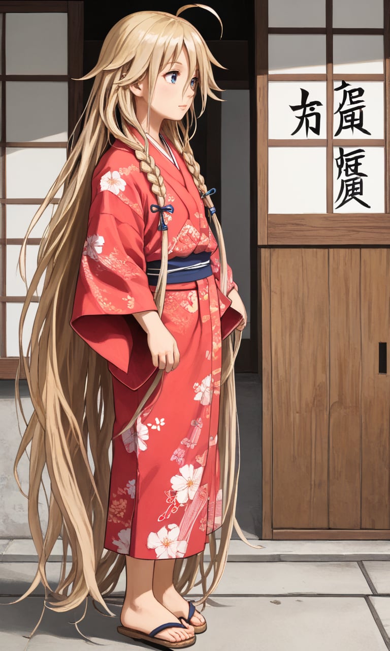 1girl, solo, cowboy shot <lora:IAXLpony1:1> ia, blonde, ahoge, twin braids, floating hair, very long hair, print_kimono, sandals,