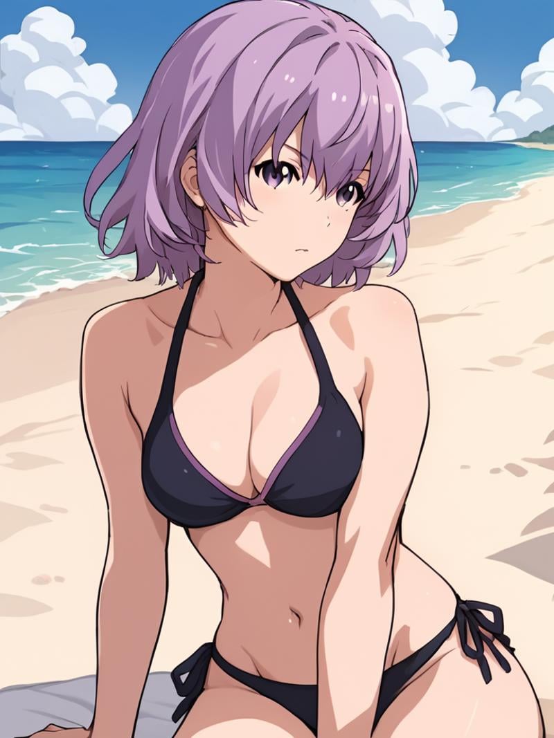 score_9, score_8_up, score_7_up, score_6_up, score_5_up, score_4_up,beach background, sea, blue sky, clouds,<lora:shihoru-pony-v1:1>, shihoru, purple hair, purple eyes, black bikini,