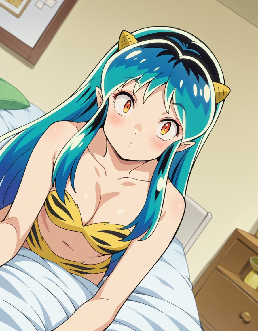 score_9, score_8_up, score_7_up, source_anime,uruseilum, <lora:urusei-lum-anime-s1-ponyxl-lora-nochekaiser:1>,lum, long hair, bangs, blue hair, orange eyes, horns, pointy ears, aqua hair, oni horns, eyeshadow,navel, cleavage, swimsuit, bikini, strapless, animal print, yellow bikini, tiger print, strapless bikini,indoors, bed, bed room, on side, blush, drunk,looking at viewer, dutch angle, cowboy shot,