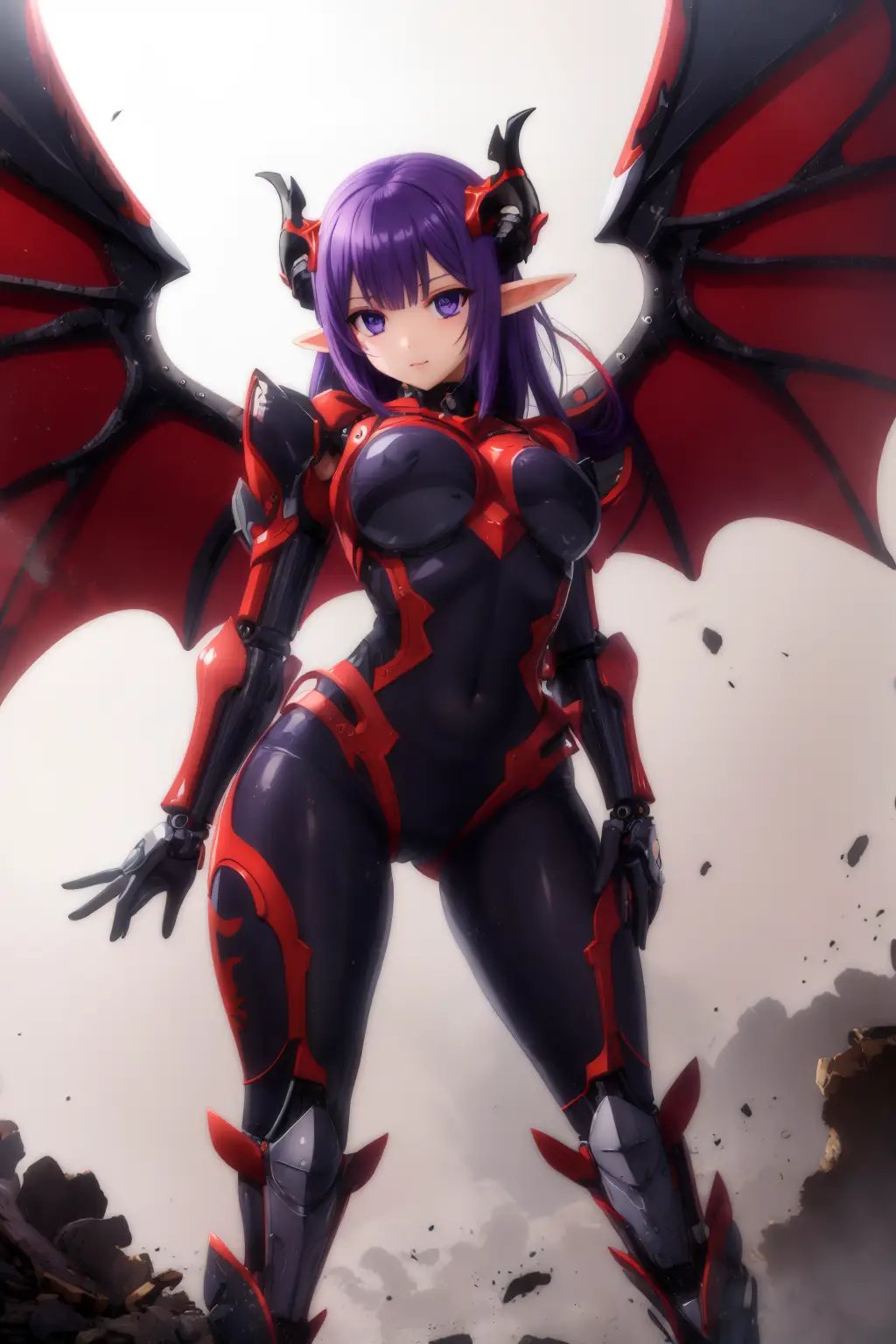 1girl, dynamic pose, dynamic angle, cinematic shadow effect, looking at viewer, mecha_musume, Purple hair, Transformation by mechanization, demon lord girl, (kawaii:1.2), elf ears, demon horns, (metalic bodysuit:1.2), ([Mechanical exoskeleton:boned armor:0.5]:1.0), (glowing mechanical wings:1.2),((floating_armor)), female focus, beautiful detailed eyes, post apocalypse, subtle ambient glow, global illumination, ultimate quallity,