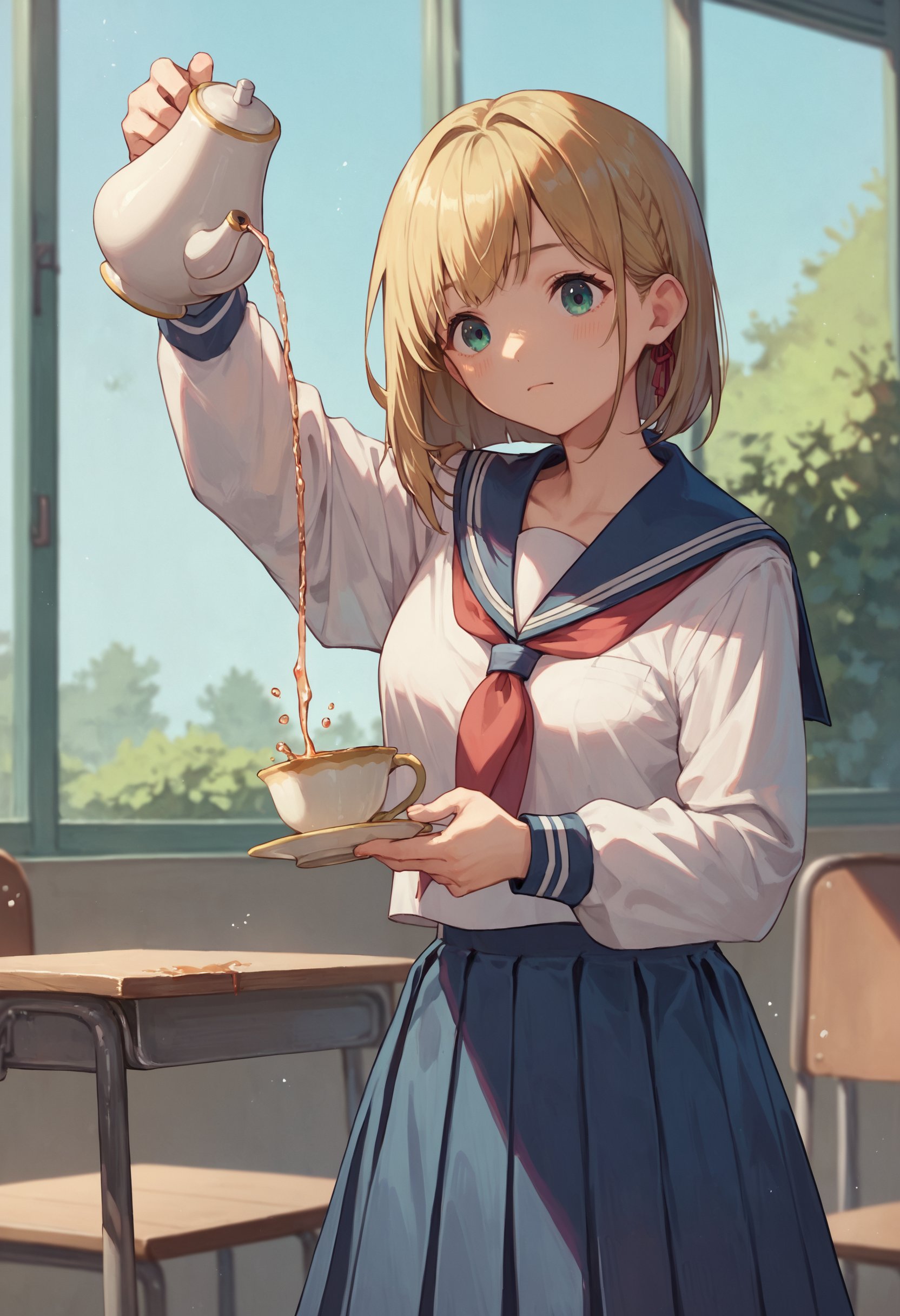 score_9, score_8_up, score_7_up, 1girl, pouring, holding cup, holding teapot, serafuku, school uniform<lora:holding_teapot_pouring_3_final_d32:1>