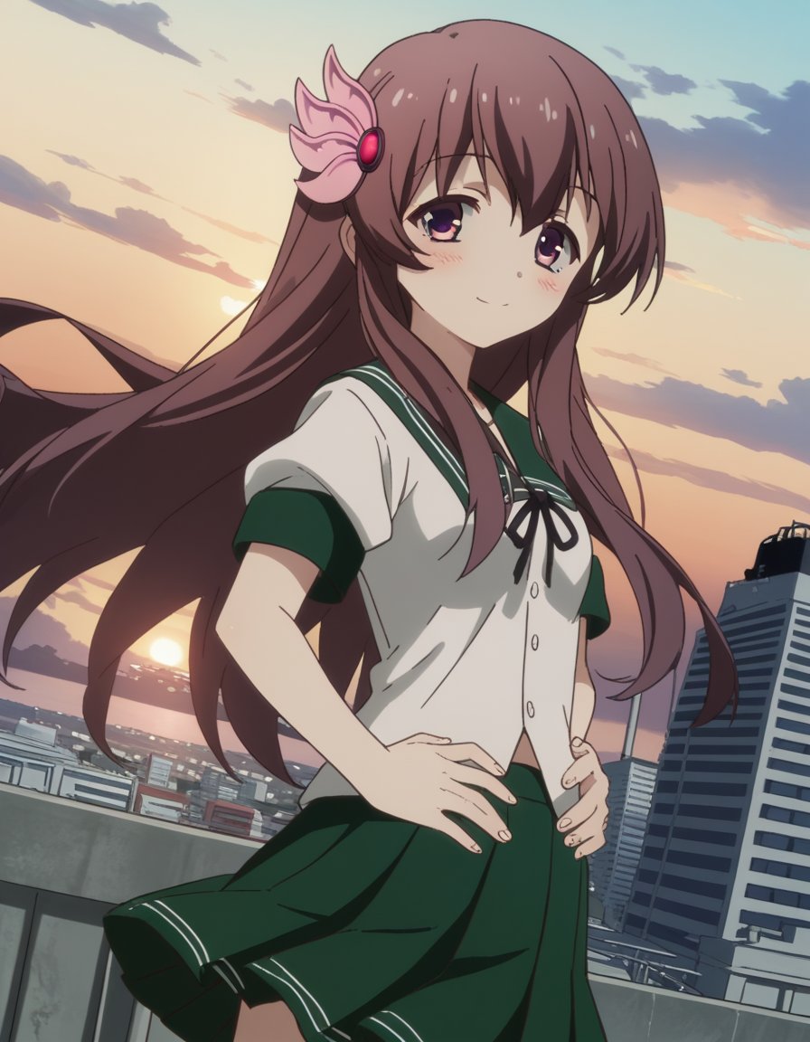 score_9, score_8_up, score_7_up, source_anime, <lora:kancolle-kisaragi-s1-ponyxl-lora-nochekaiser:1>, kisaragi, long hair, brown hair, hair ornament, brown eyes, purple eyes, kisaragi (kancolle), skirt, school uniform, short sleeves, pleated skirt, serafuku, green skirt,, rooftop, sunset, cityscape, quiet moment, wind blowing, contemplative, smile, looking at viewer, hands on stomach, blush,, solo,, cowboy shot, dutch angle