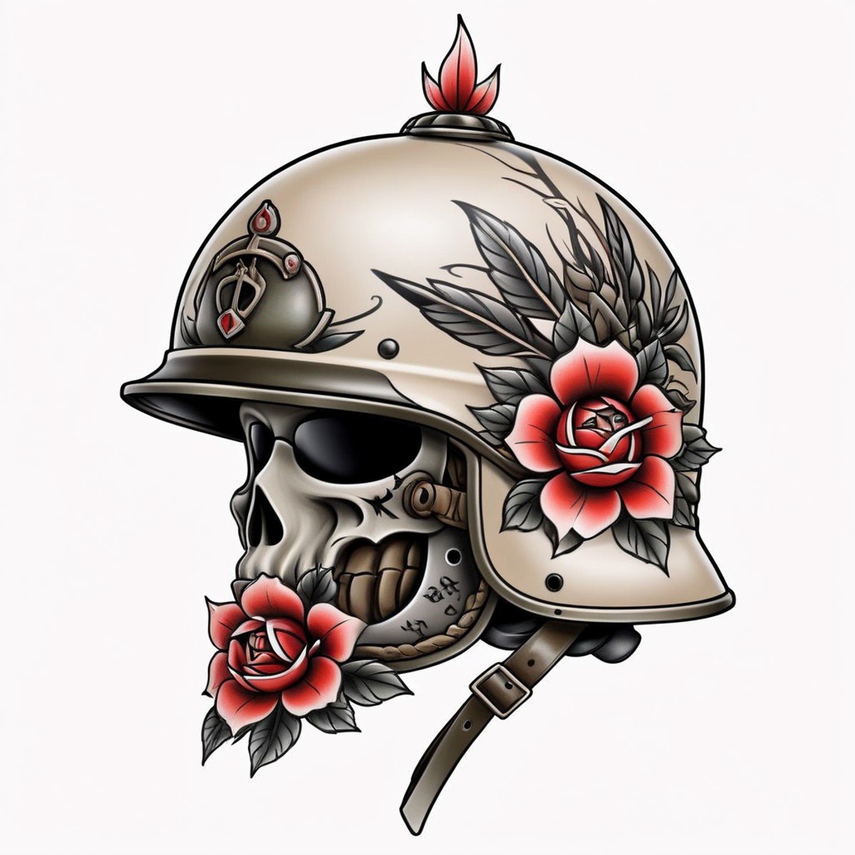 <lora:Traditional_Tattoos:0.65> military helmet in style of tr4dt4t, traditional tattoo, white background, 