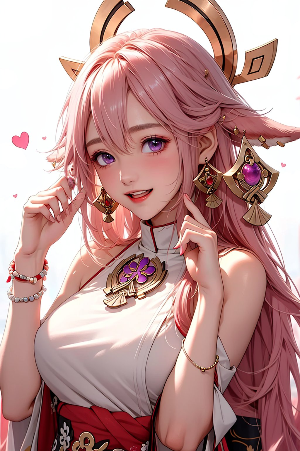 a shen zi,1girl,pink hair,solo,animal ears,long hair,blush,fox ears,purple eyes,...,jewelry,open mouth,upper body,white background,simple background,bracelet,hair between eyes,bangs,bare shoulders,breasts,earrings,hair ornament,hands up,japanese clothes,cheerful demeanor,radiant smile,bright personality,warm-hearted nature,optimistic outlook,vibrant energy,sun-kissed complexion,free-spirited,carefree attitude,uplifting presence,positive vibes,lively enthusiasm,beaming with happiness,natural beauty,sunshine in her eyes,infectious laughter,<lora:aki-000008:0.7>,