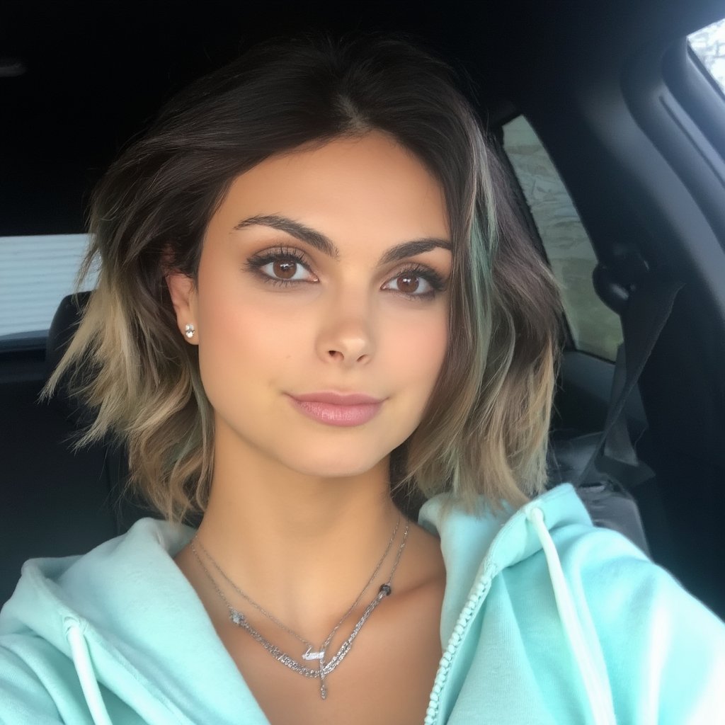 morena_baccarin, A instagram selfie of a woman with brown eyes and multicolored hair is sitting in a car. She is wearing a light blue hoodie and a selicate silver necklace around her neck. The car is black and there is a window on the side of the car. <lora:MorenaBaccarinF1D:1>