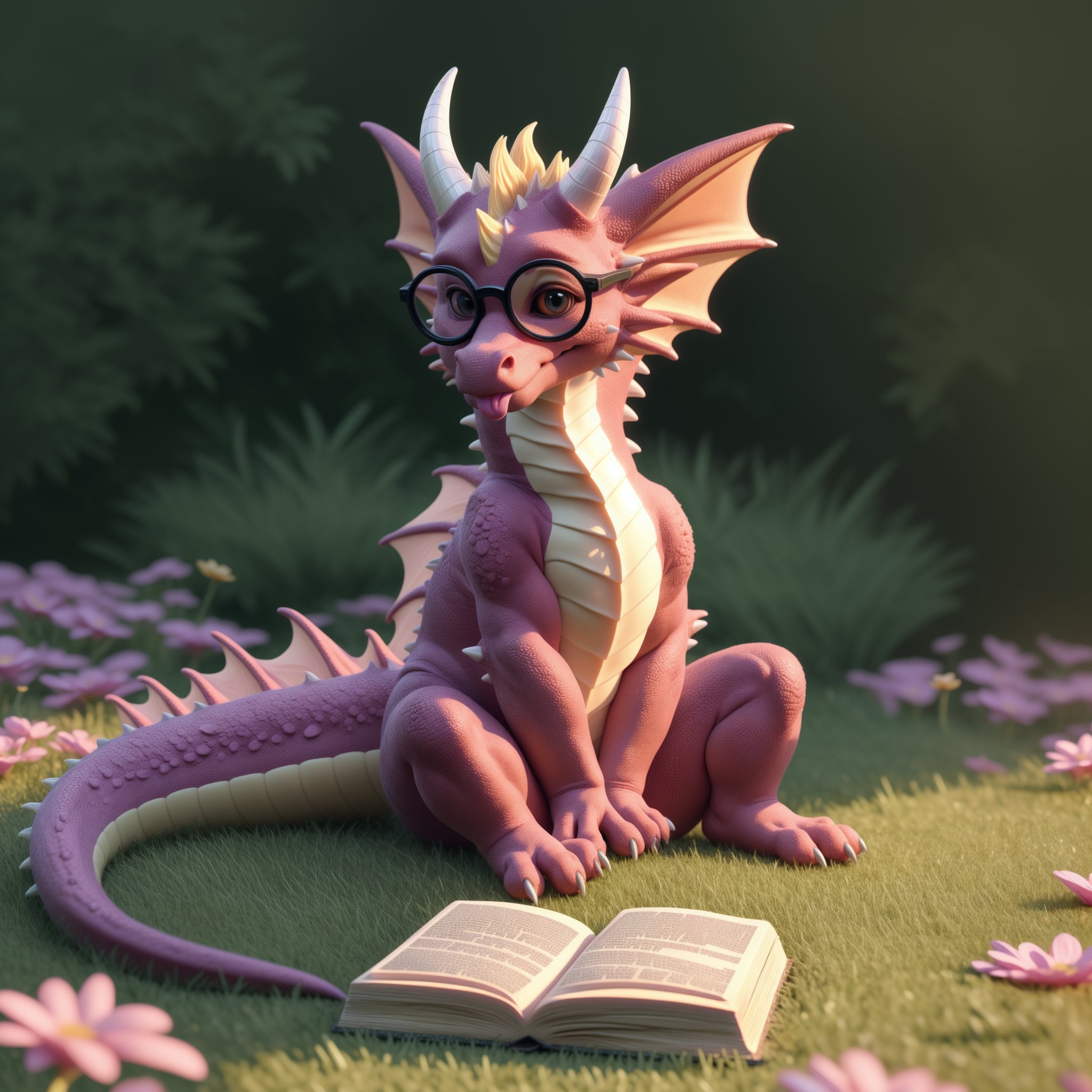 solo, super cute, ridiculously cute, adorable, smol fluffy dragon sitting on grass surrounded by flowers, (🤓), (blep), (book), horns, background