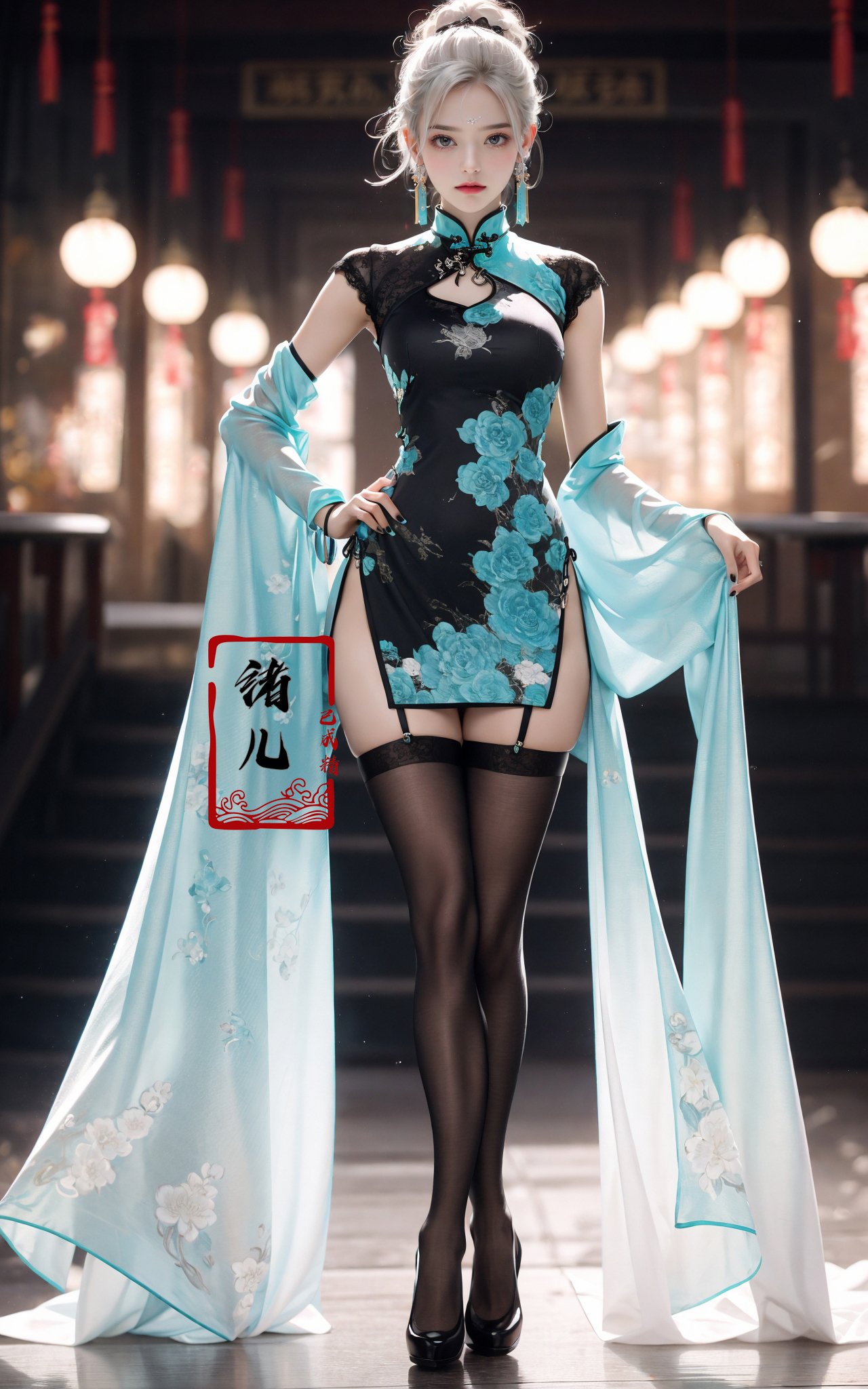 Black background,Fashion cheongsam，nail polish，lace trim，gradient，contrapposto，cyan long dress，lace，red lips， (full body:0.7), white thighhighs,white hair，crossed legs，<lora:Fashion cheongsam_20231207093219:0.7>