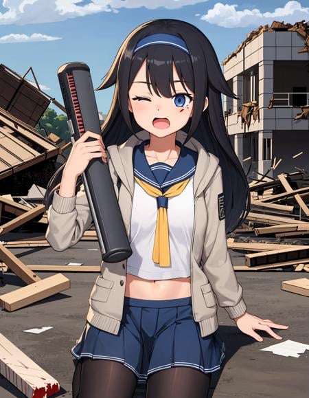 ruins, rubble, battlefield, destruction, (cowboy shot:1.1), kneeling,BREAK(sass:1.2), torn clothes, damaged, bleeding, injured, jacket, (holding own arm:1.2), one eye closed, (one eye open:1.1), open mouth, long sleeves<lora:SASS:1> 