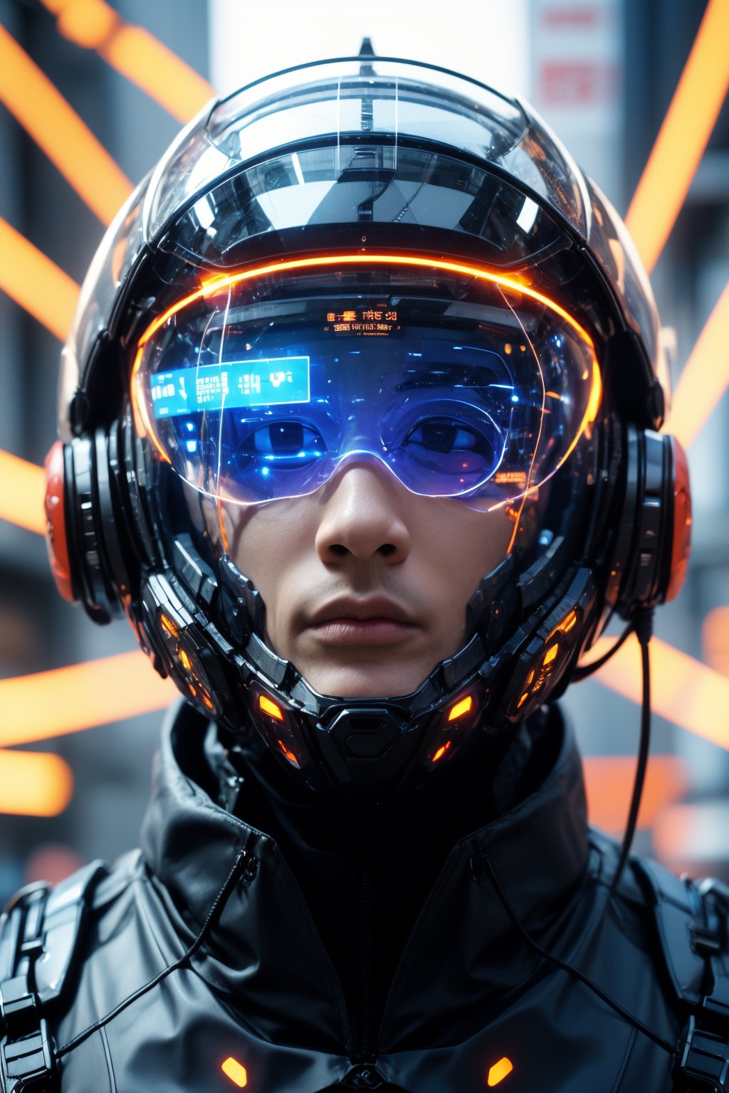 1boy, solo, realistic, science fiction, helmet, cable, cyberpunk, lips, portrait, head-mounted display, blurry, robot, depth of field, blurry background, closed mouth, screen, glowing, facing viewer