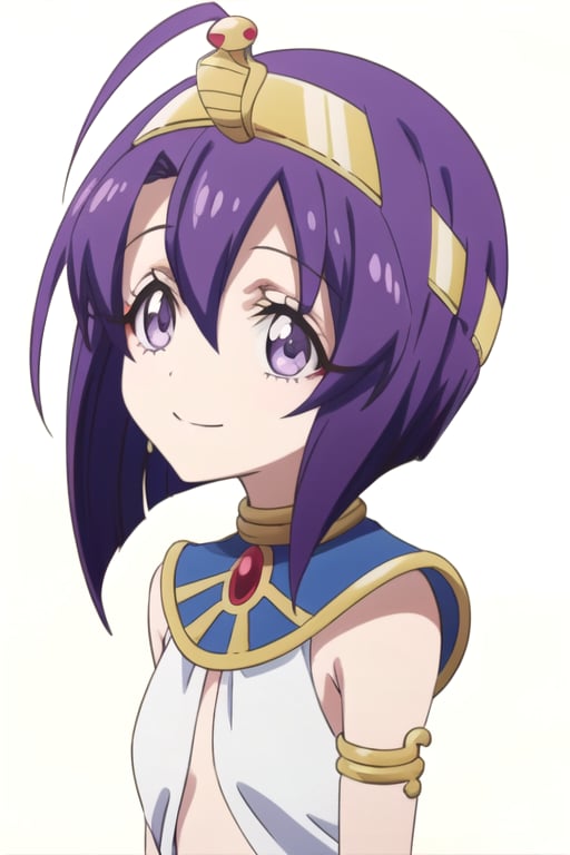 solo, 1girl, looking at viewer, 2D, anime, official style, anime coloring, anime screencap, upper body, (simple background, solid white background:1.3), <lora:medusa-jashinchan:0.8>, medusa, egyptian clothes, hairband, usekh collar, smile