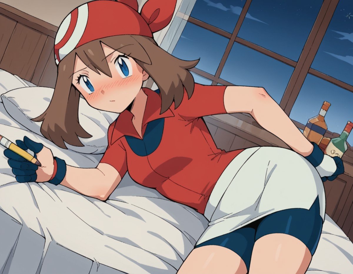 score_9, score_8_up, score_7_up, source_anime, <lora:pokemon-may-anime-ponyxl-lora-nochekaiser:1>, pokemonmay, blue eyes, brown hair, bandana, long hair, red bandana, twintails, hair between eyes,, bike shorts, collared shirt, gloves, microskirt, multicolored shirt, pencil skirt, red shirt, shirt, short sleeves, skirt, white skirt,, indoors, bed, bed room, on side, blush, drunk, looking at viewer, solo, cowboy shot, dutch angle