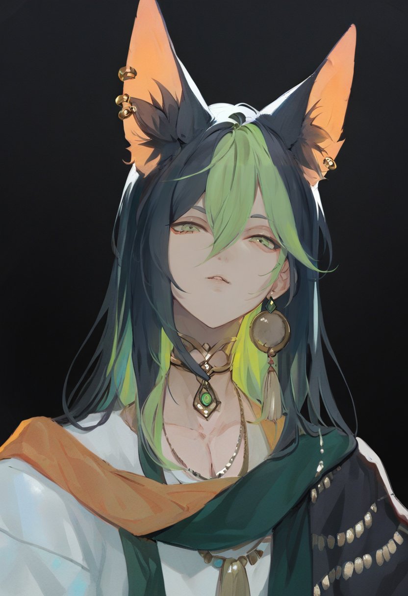 score_9, score_8_up, score_7_up, score_6_up, <lora:KuroshiroXL_P6_lokr_V53P1:0.95>  animal ears, multicolored hair, jewelry, 1boy, male focus, green hair, solo, fox ears, earrings, black hair, green eyes, fox boy, hair between eyes, single earring, animal ear fluff, long hair, alternate hair length, black background, streaked hair, tassel, parted lips, alternate hairstyle, bangs, necklace, simple background, blunt ends, upper body, looking at viewer, alternate costume, choker, scarf