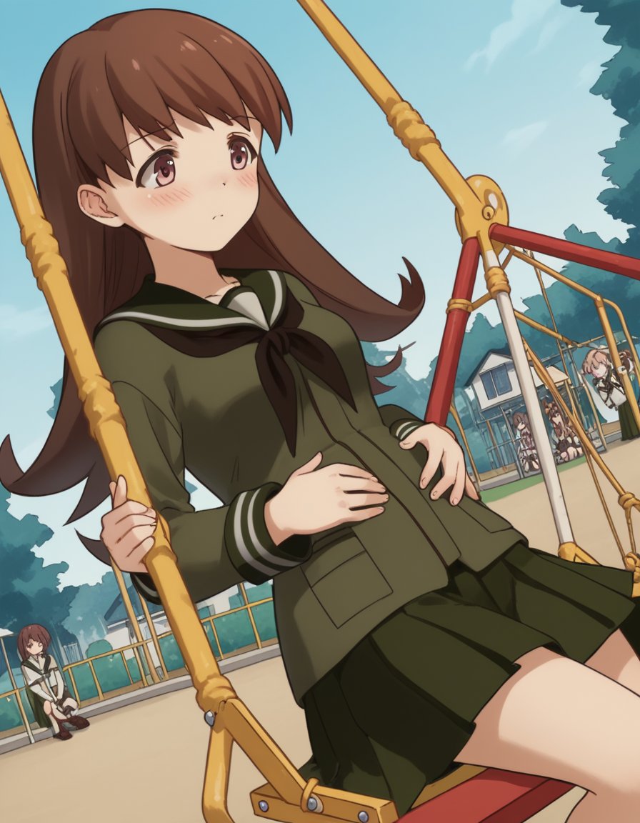 score_9, score_8_up, score_7_up, source_anime, <lora:kacolle-ooi-s1-ponyxl-lora-nochekaiser:1>, ooi, long hair, brown hair, brown eyes, ooi (kancolle), skirt, school uniform, pleated skirt, serafuku,, public park, playground, swing set, laughter, sunny day, , , hands on stomach, blush,, solo,, cowboy shot, dutch angle