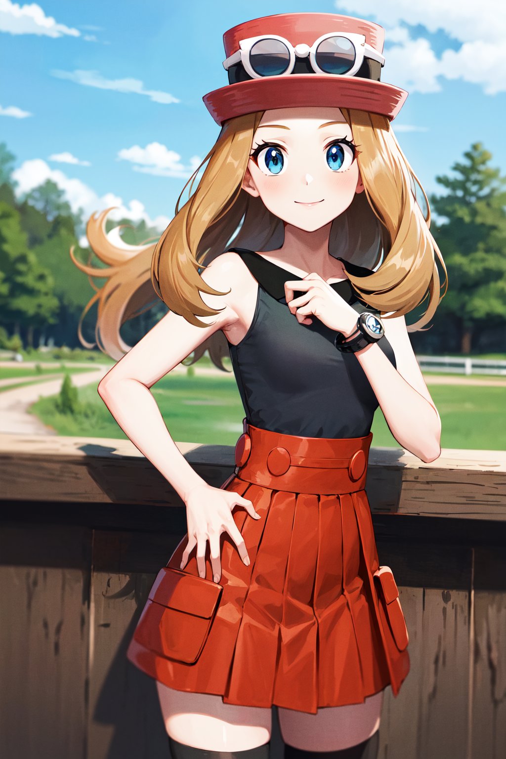 masterpiece, best quality, highres, aaserena, solo, long hair, eyewear on headwear, pink headwear, eyelashes, blue eyes, sleeveless shirt, black shirt, bracelet, high-waist skirt, red skirt, black thighhighs, <lora:serena_(pokemon)_v2:0.7>, standing, cowboy shot, smile, outdoors,