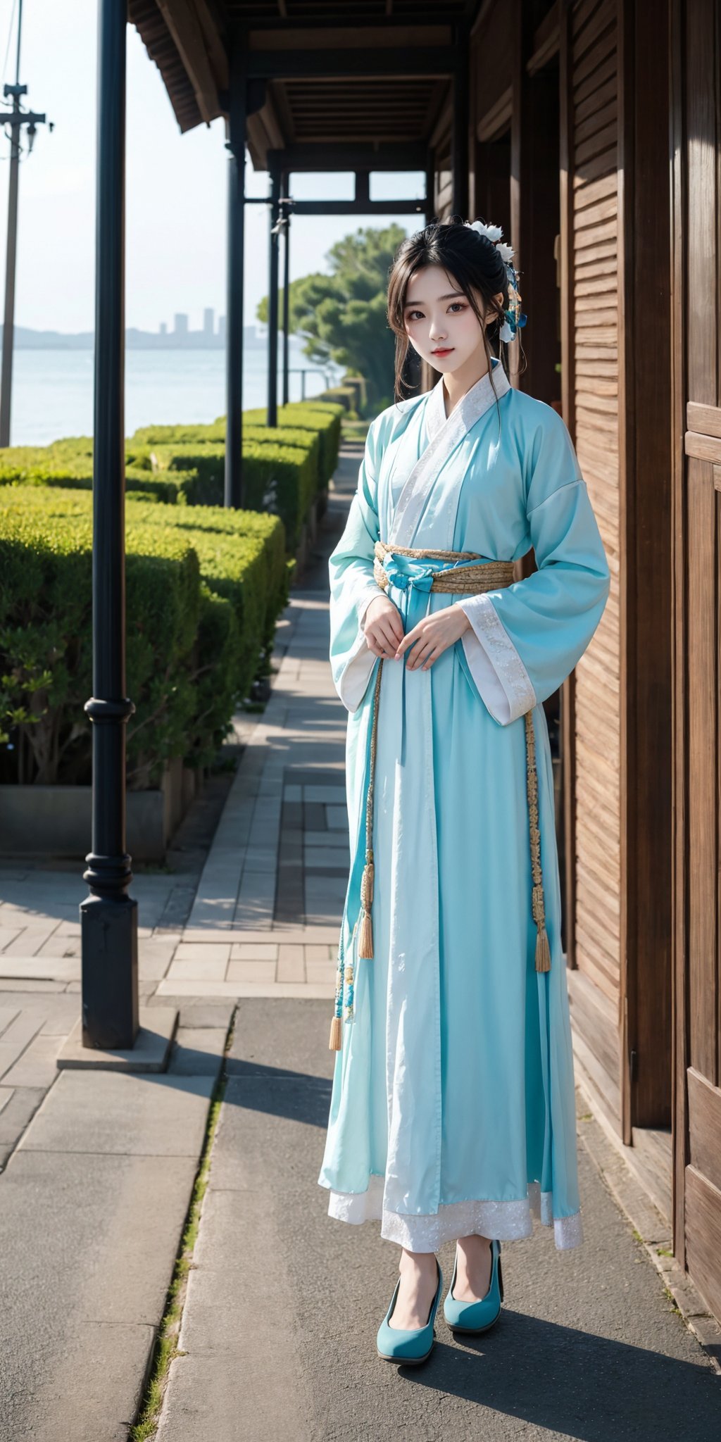 1girl,solo,hanfu,looking at viewer,solo,full body,suburban scenery,sea,