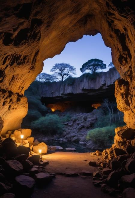 photograph, landscape of a Mythical Grotto from inside of a Harare, at Twilight, Depressing, Cloudpunk, Cold Lighting, dynamic, Nikon d850, Depth of field 270mm, Amaro, Golden ratio