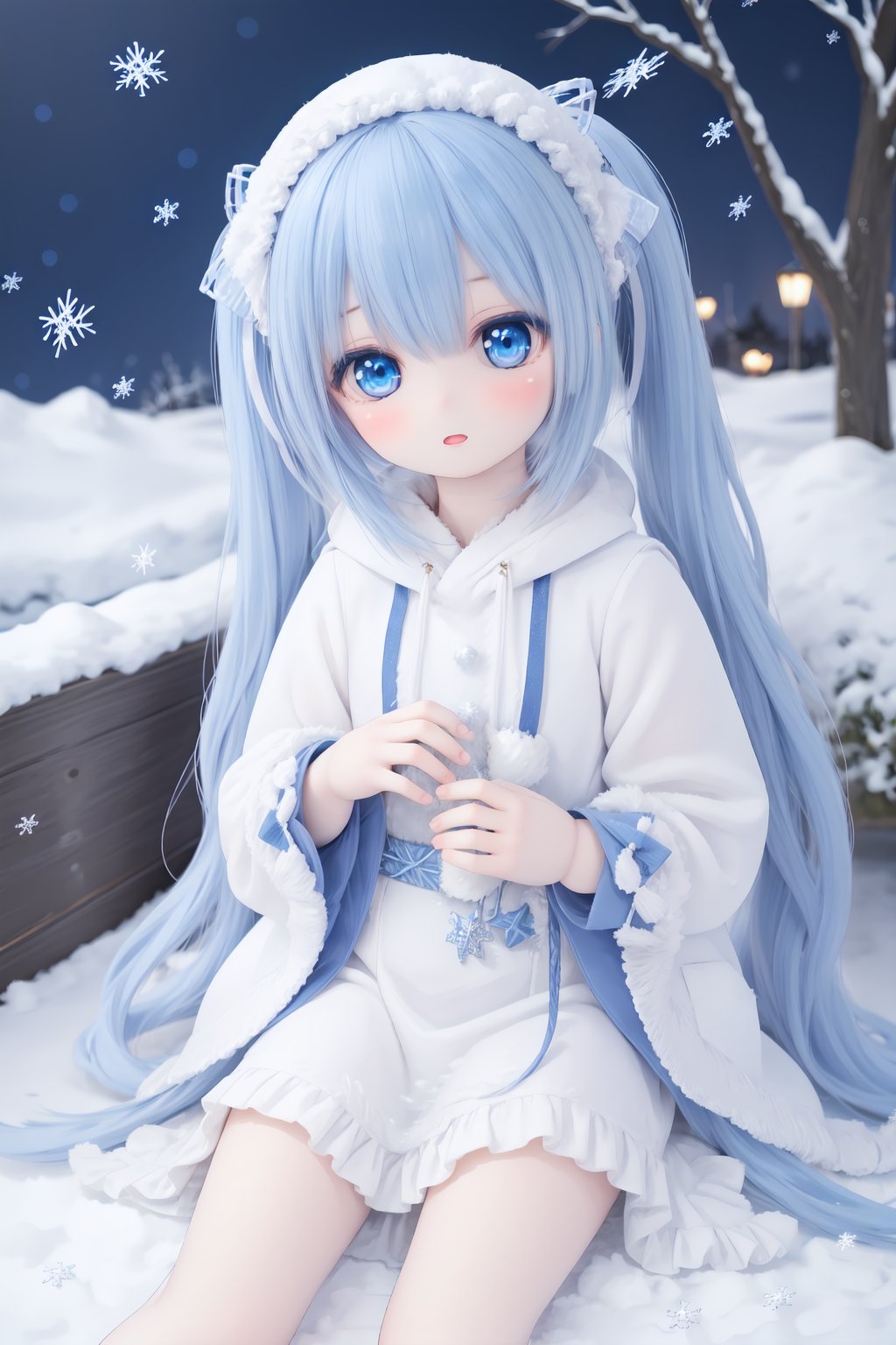 (very long hair,cowboy shot),1girl,dress,blue hair,barefoot,blue dress,solo,blue eyes,((snowflake pattern)),light bule tone, looking at viewer,snow,bangs,snowing,snowflakes,sitting,yukimiku, mikudef,twin_tails<lora:doll-v1:0.5>,