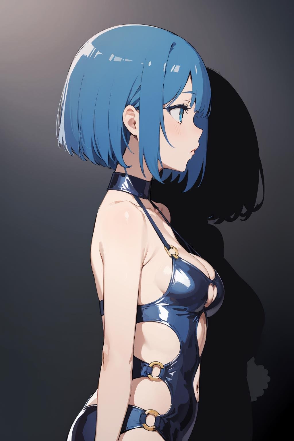 (masterpiece, high quality, highres:1),1girl,solo,<lora:bodycon-cutout-v1-wasabiya:1>,bodyconc,cleavage,o-ring,bare shoulders,navel cutout,(blue eyes , blue hair ),,short hair ,from side ,small breasts ,