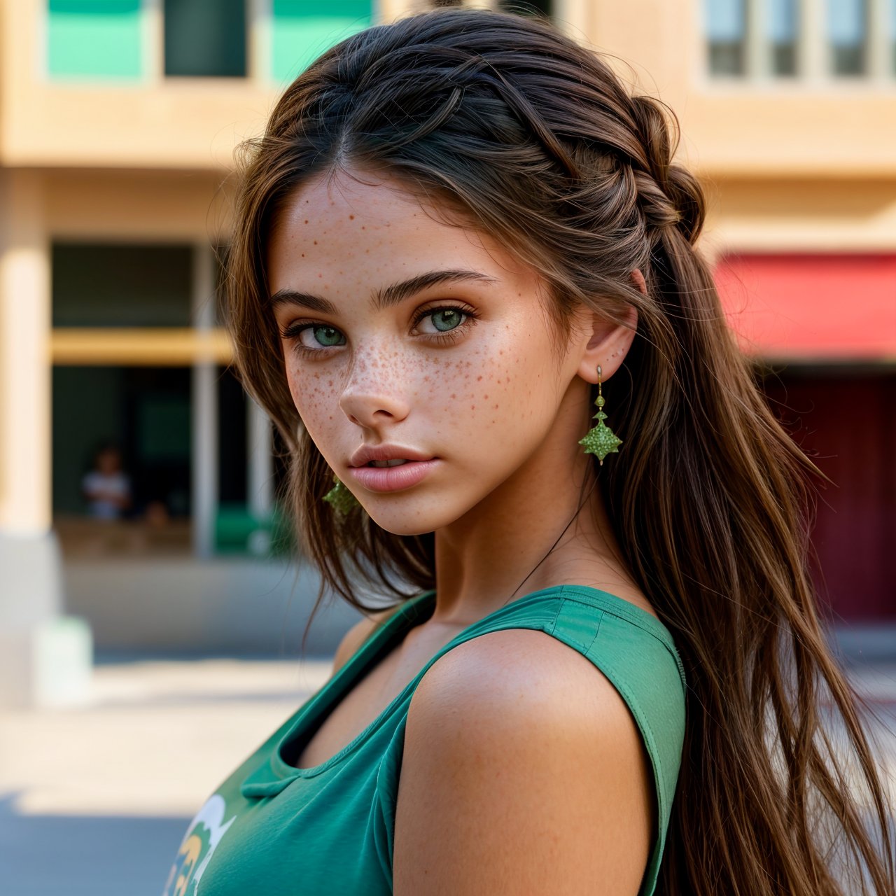 (masterpiece:1.3) close up of cute (AIDA_LoRA_MeW2023:1.09) <lora:AIDA_LoRA_MeW2023:0.96> in (simple green t-shirt:1.1), [stunning girl], glossy skin with visible pores and freckles, pretty face, flirting, cinematic, dramatic, insane level of details, intricate pattern, kkw-ph1, (colorful:1.1), (on the street:1.1), buildings, cars, city, sunlight, golden earrings