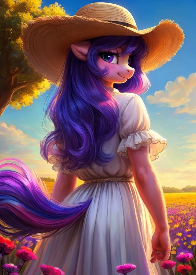 (by Harriet Backer, by Larry Poons, by Reylia Slaby, by Fernand Khnopff:1.25), oil painting \(artwork\), anthro toony (izzy moonbow \(mlp\):1.3), (light purple body, purple fur, straw hat), long hair, (looking back, three-quarter portrait:1.25), BREAK, under tree, cloud, blue sky, flower field, sun, colorful, foreground, ambient silhouette, backlighting, detailed background, depth of field, masterpiece, best quality, light, 4k, 2k, (high detail:1.25), shaded, photography