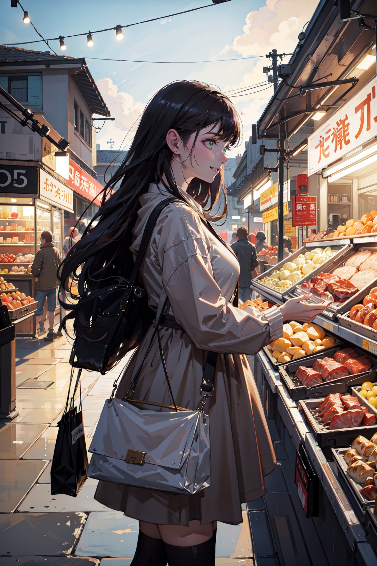 ((best quality, masterpiece, absurbres, super-resolution)), Busy market, Morning Grocery Shopping, girl next door, crowd, fish and meats