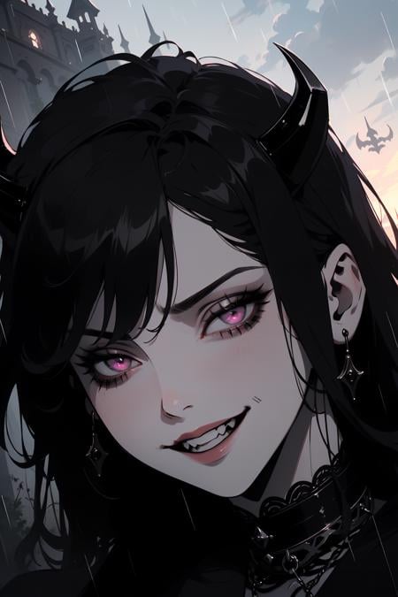 (outside, scary castle, raining, evening, soft light, dim lit, moody vibe, horror \(theme\), ), (insanely detailed, beautiful detailed face, masterpiece, best quality), 1girl, succubus, demon girl, mature female, (black hair), pink eyes, grin, smirk, demon horns, black tail, black demon wings,