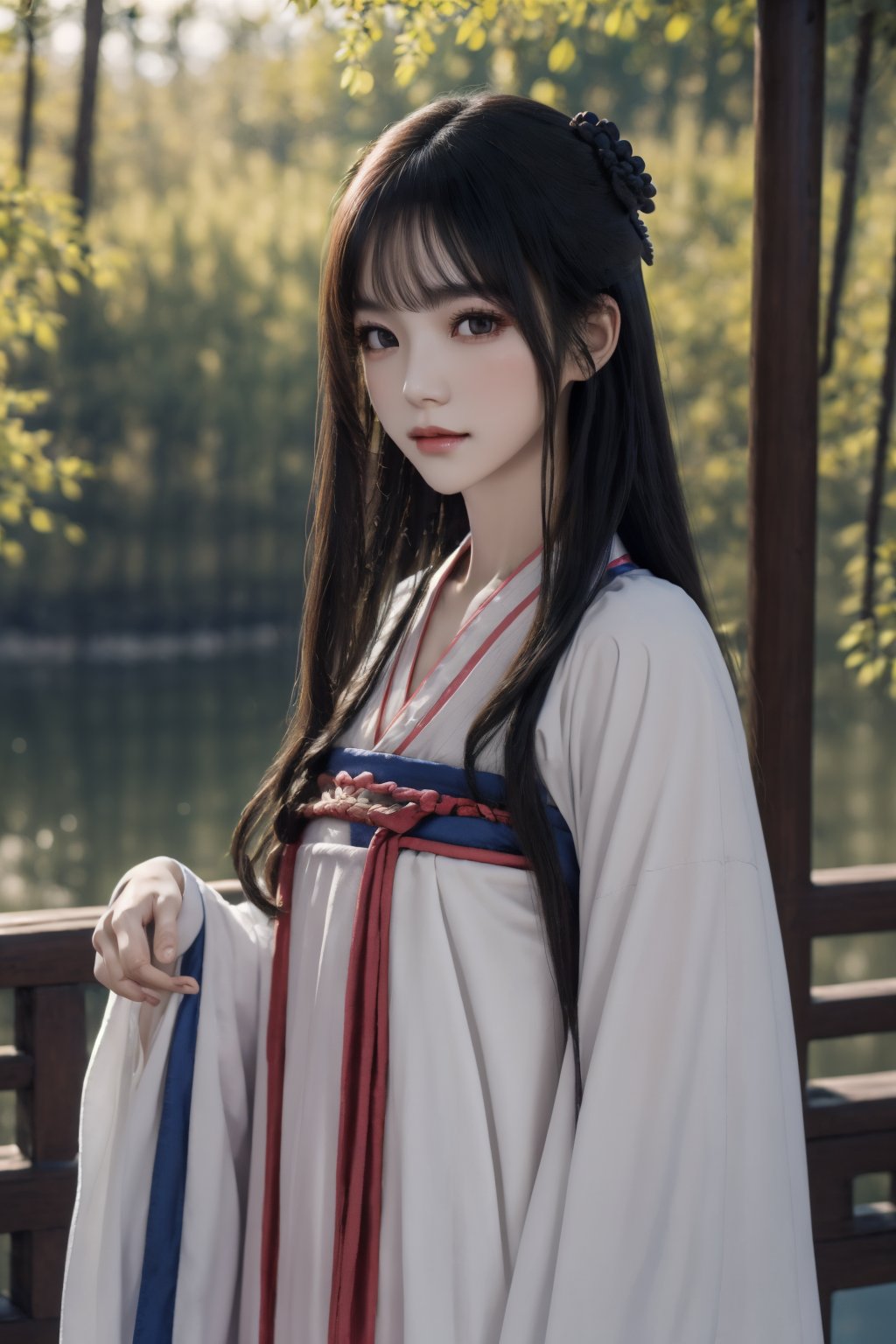 masterpiece,best quality,highly detailed,Amazing,finely detail,extremely detailed CG unity 8k wallpaper,score:>=60,gufenghanfu,1girl,looking at viewer,white dress,hanfu,long sleeves,wide sleeves,standing,outdoors,<lora:lihua1-000006:0.8>,upper body,