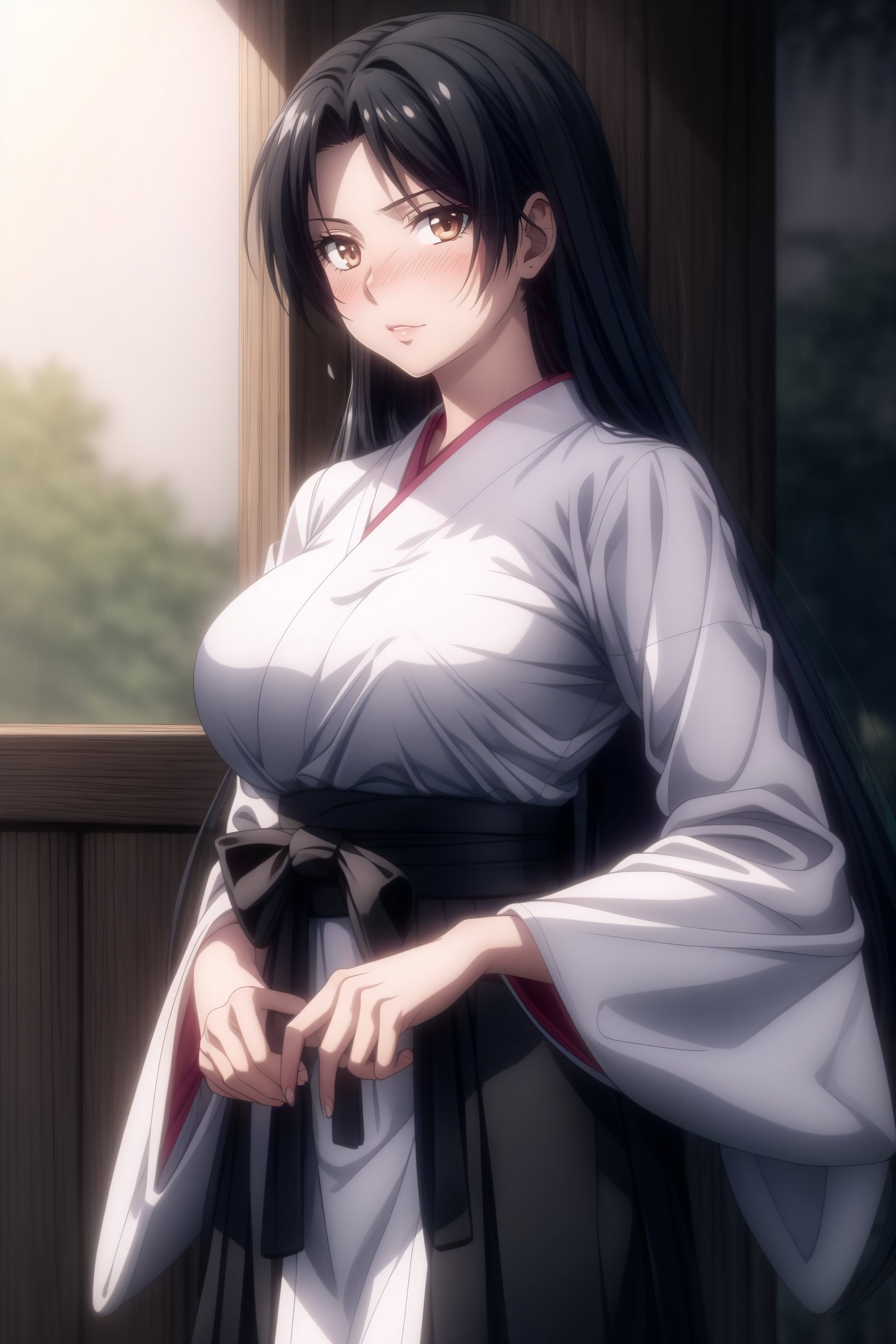 (masterpiece, best quality), <lora:Cal Shekar-lora-Faxtron:0.8> cal shekar, brown eyes, black hair, long hair, large breasts, hadanugi dousa, long sleeves, black hakama,<lora:add_detail:0.8> 